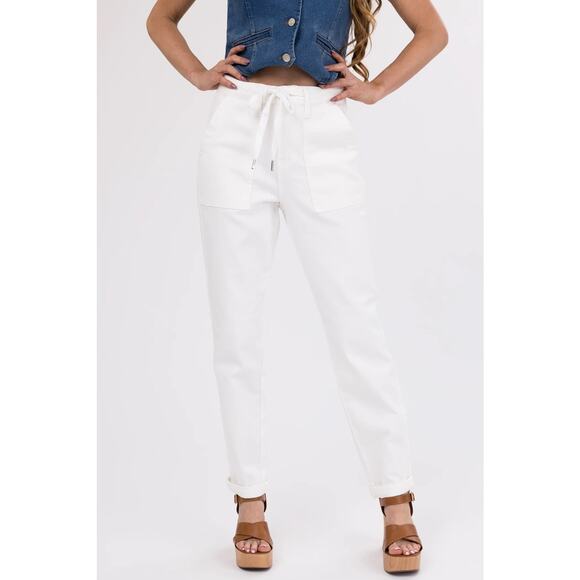Judy Blue 11/30 Ivory Drawstring High Waist Jeans White Straight Leg Cuffed Hem - Picture 1 of 8